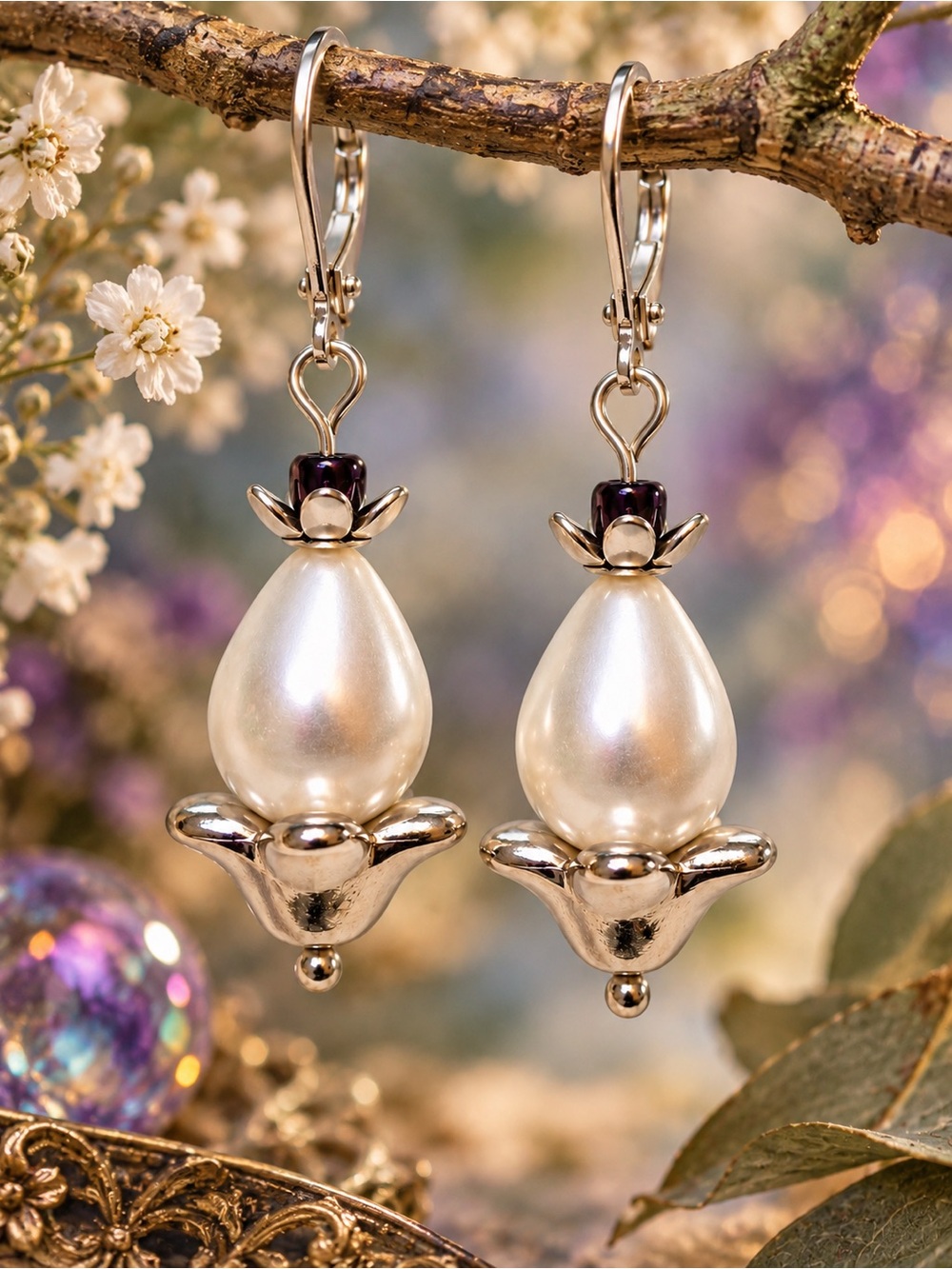 Handmade Pearl Purple Glass Floral Dangle Earrings